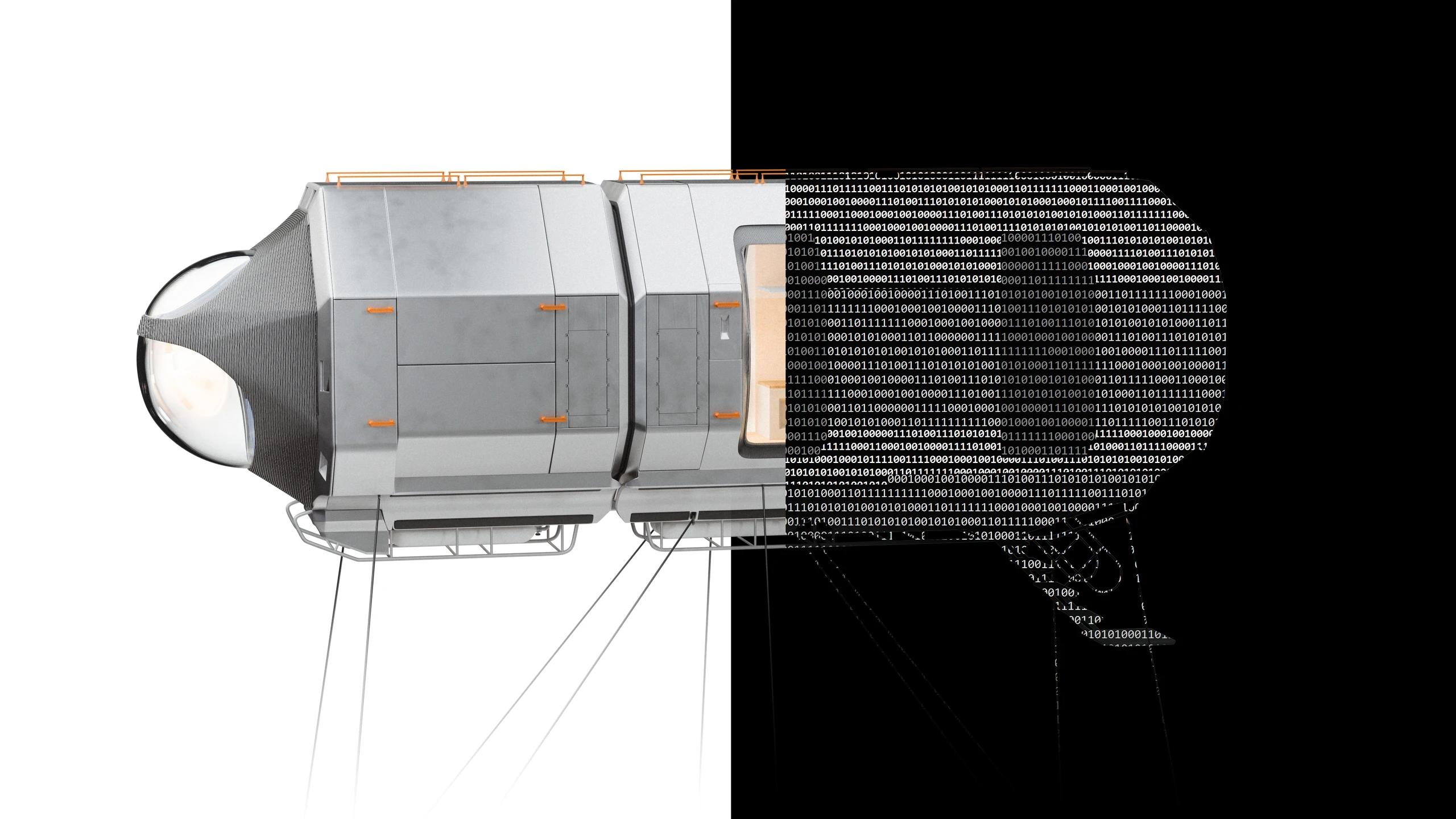 Render of UHAB-3, right half is overlay of binary code